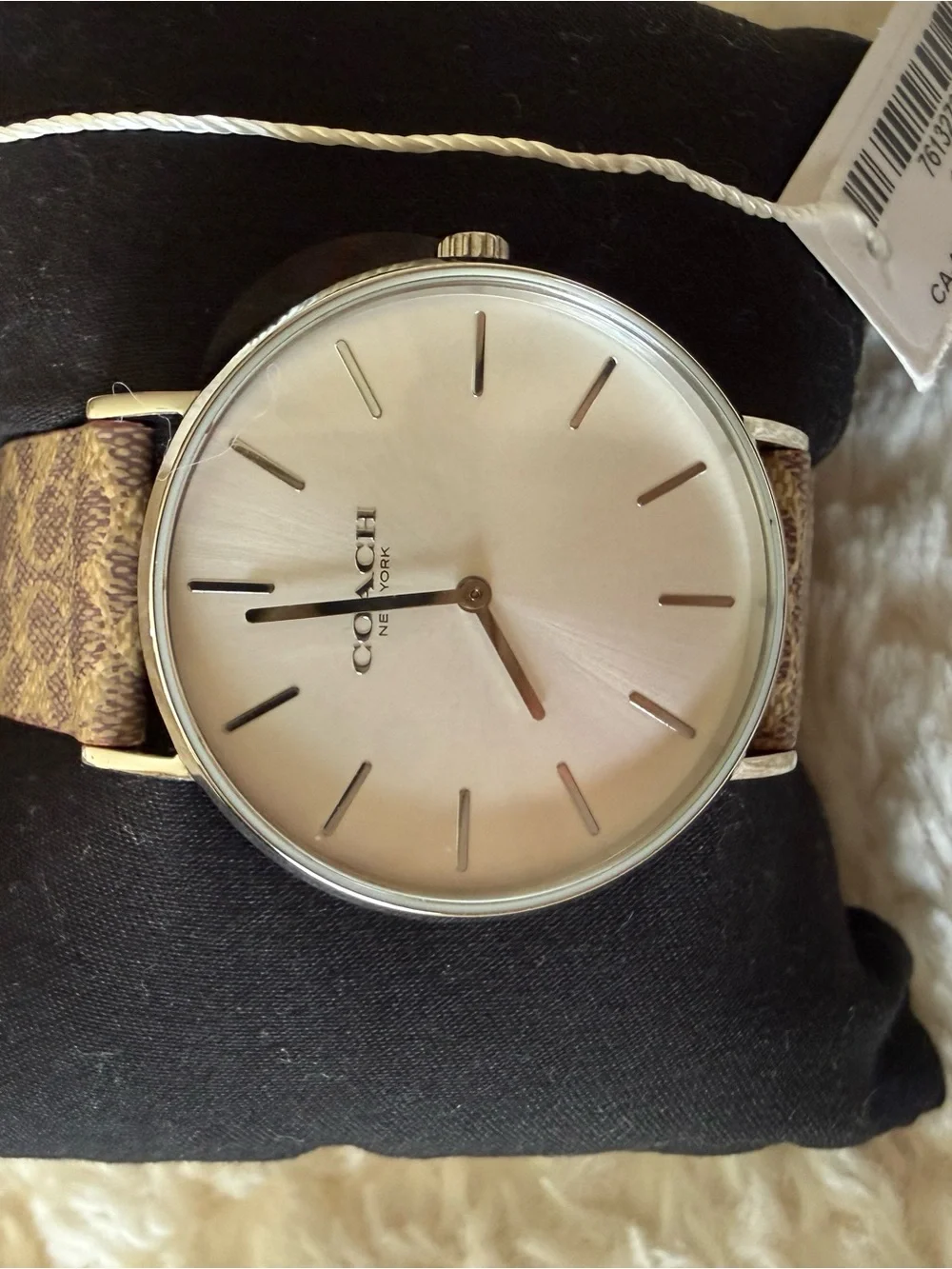 Coach Silver-Tone Round Watch with Brown Signature Strap